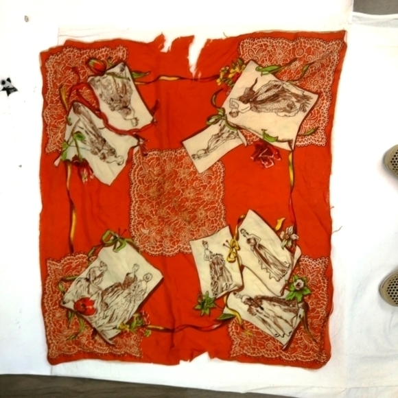 𝅺VTG 20s Antique ORANGE Ladies print scarf -- as is with flaws & torn - Picture 7 of 12